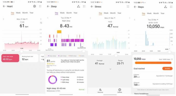 Huawei Health pokazujące wskaźniki zdrowia, w tym tętno, śledzenie snu, stres i liczbę kroków