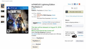 Το Infamous Lightning Edition αναφέρεται στο PS4 στο Amazon