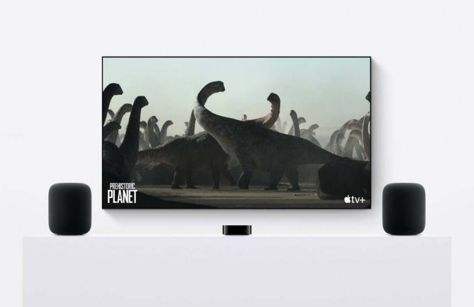 Apple HomePod stereo memasangkan Apple TV 4K generasi ke-2