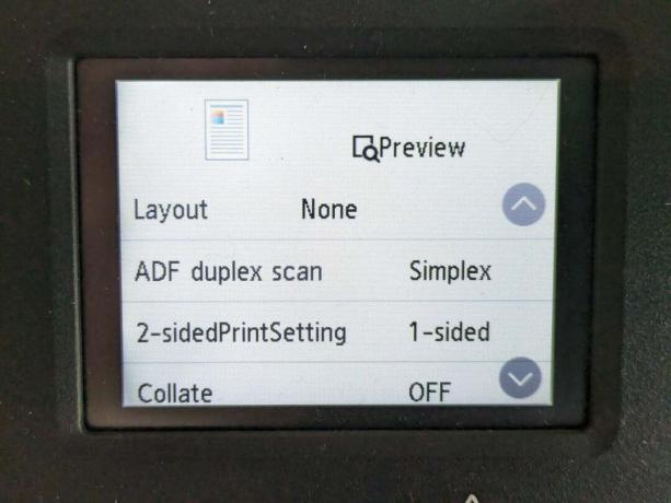 Kuva kopiointivalikosta, jossa näkyy erilliset kaksipuoliset asetukset automaattiselle asiakirjansyöttölaitteelle ja tulostimelle