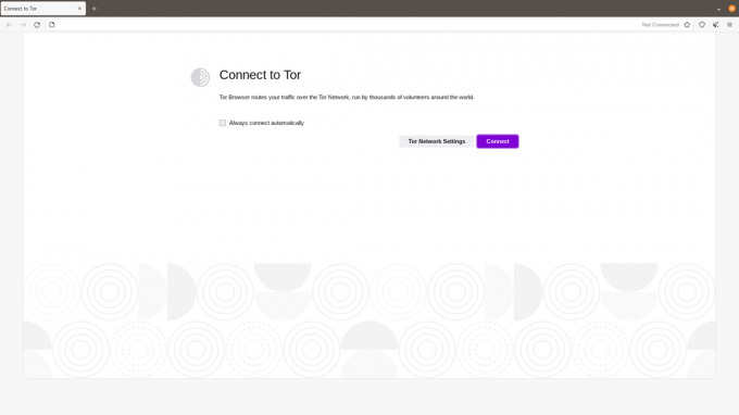 Layar koneksi peluncuran pertama Tor Browser