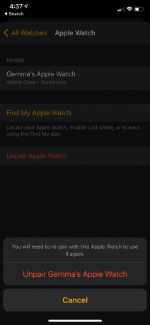 atvienot Apple Watch pārī nospiediet Atvienot Apple Watch