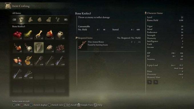 Tipy a triky Elden Ring - crafting screen