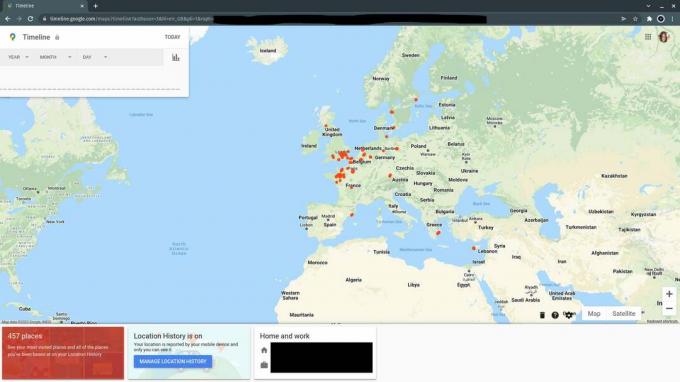 Geçmişi Yönet haritası, kullanıcının bulunduğu Avrupa'daki noktaları gösterir.